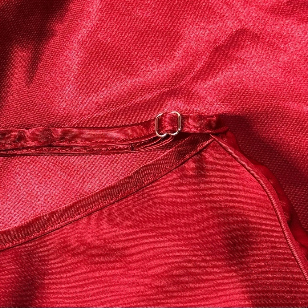 Red Satin Pajama Set with Lace Trim Adjustable Strap Top & Shorts - Picture 10 of 11
